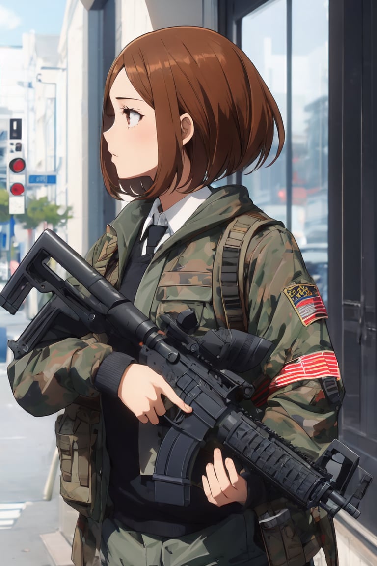 1girl, solo_female,Assault rifle, holding an assault rifle,ochaco_uraraka