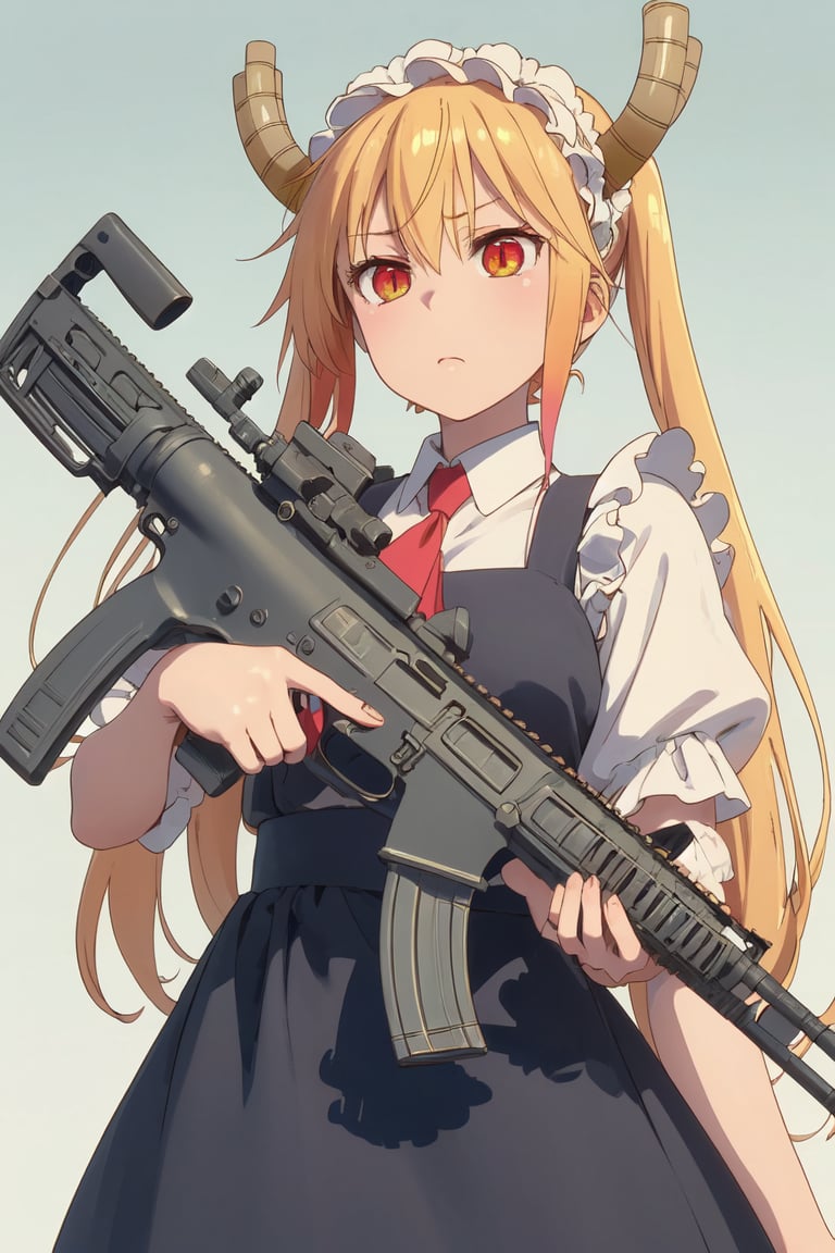 Holding an assault rifle,tohru, blonde hair, horns, Maid dress, 1girl, solo_female,Assault rifle 