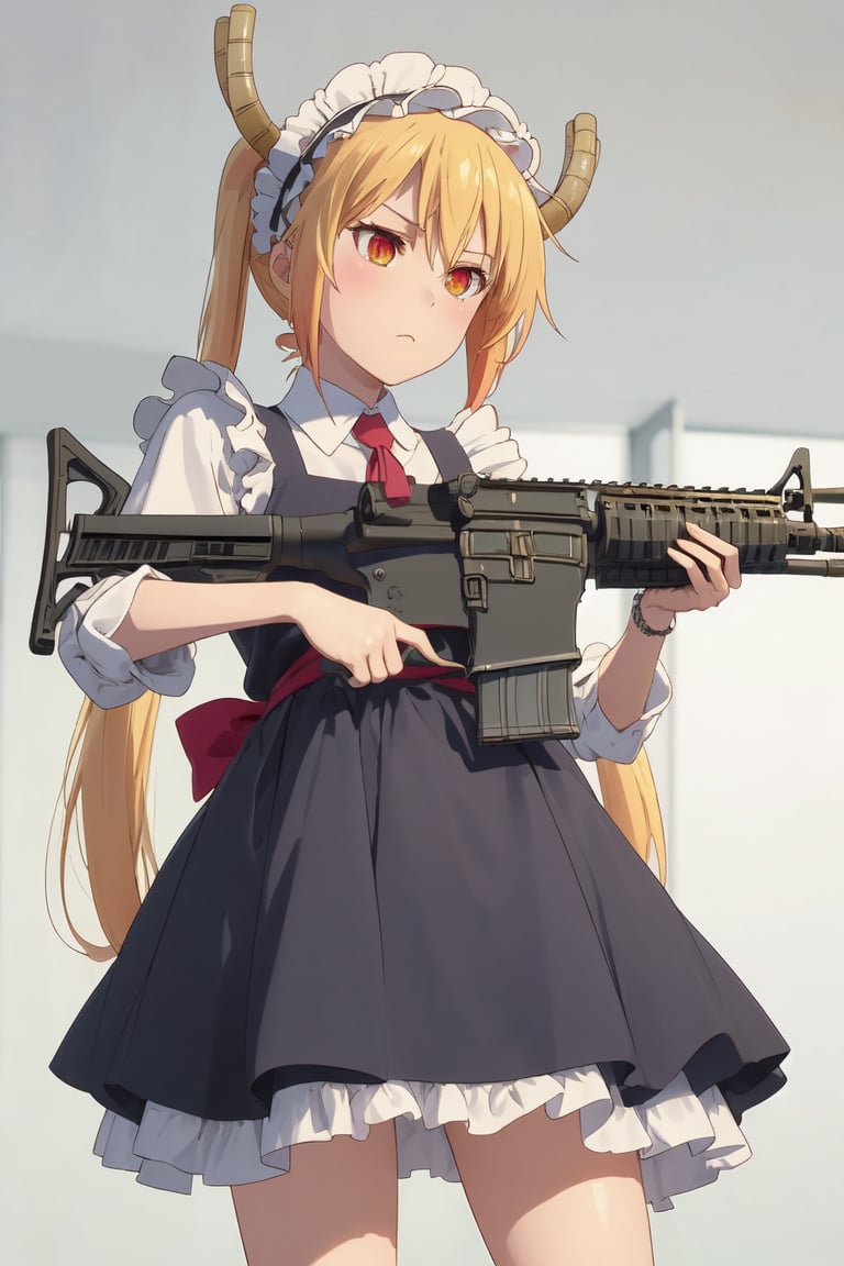 Holding an assault rifle,tohru, blonde hair, horns, Maid dress, 1girl, solo_female,Assault rifle 