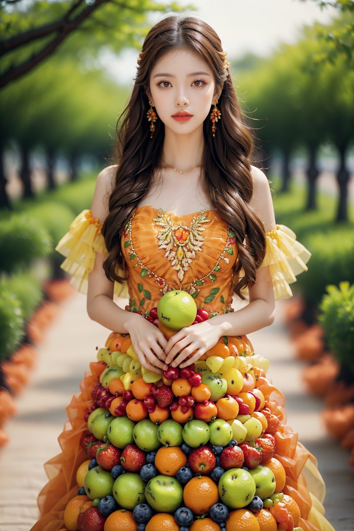 1girl, blurry, blurry_background, brown_eyes, brown_hair, day, depth_of_field, dress, earrings, food, fruit, jewelry, lips, long_hair, looking_at_viewer, multicolored_dress, orange_\(fruit\), outdoors, parted_lips, print_dress, solo, standing, tree,<lora:EMS-261868-EMS:1.000000>