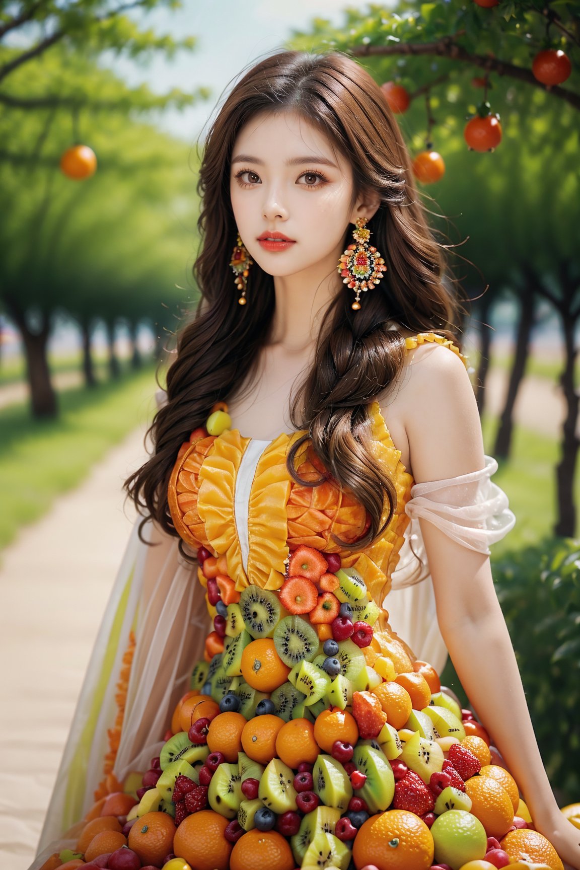 1girl, blurry, blurry_background, brown_eyes, brown_hair, day, depth_of_field, dress, earrings, food, fruit, jewelry, lips, long_hair, looking_at_viewer, multicolored_dress, orange_\(fruit\), outdoors, parted_lips, print_dress, solo, standing, tree,<lora:EMS-261868-EMS:1.000000>