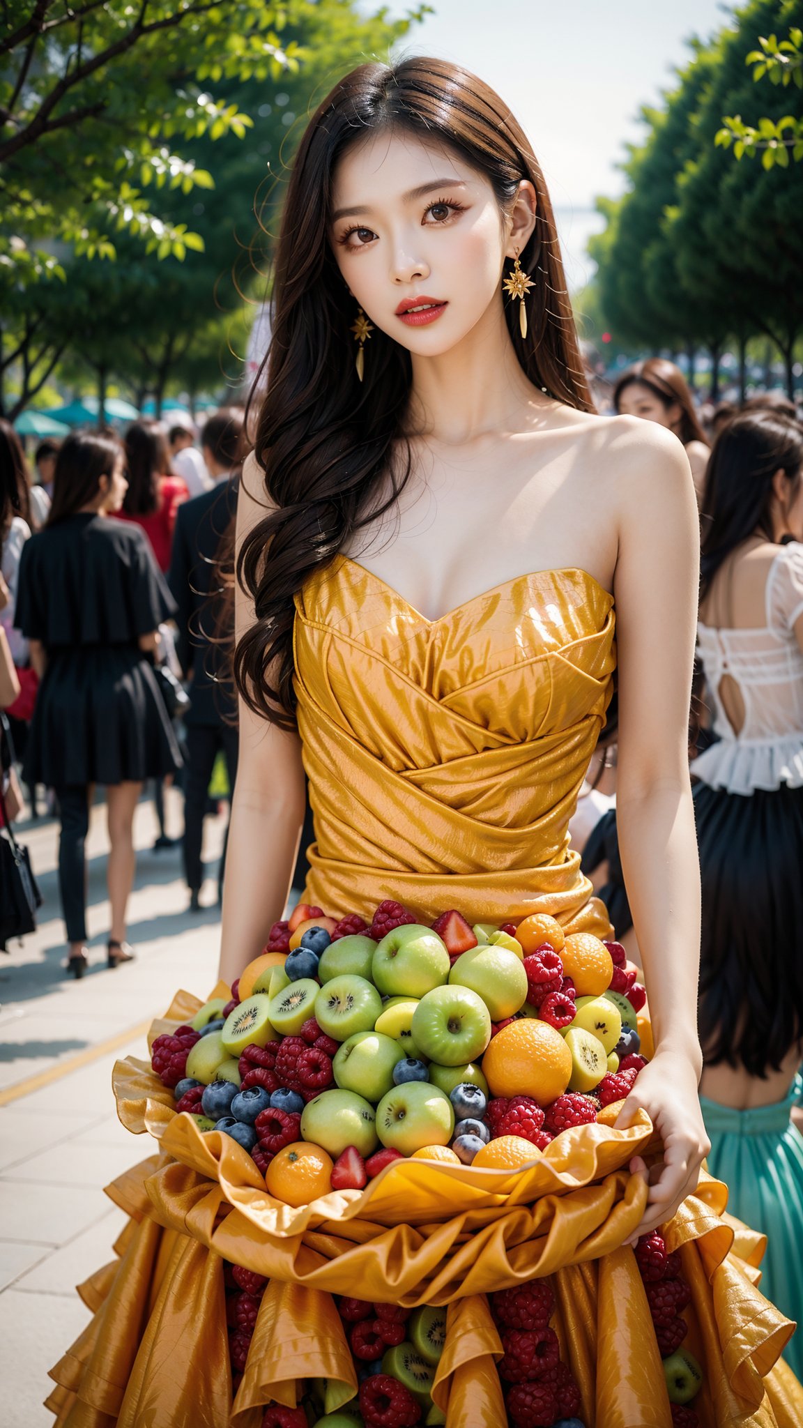 1girl,blurry,blurry_background,brown_eyes,brown_hair,day,depth_of_field,dress,earrings,food,fruit,jewelry,lips,long_hair,looking_at_viewer,multicolored_dress,orange_\(fruit\),outdoors,parted_lips,print_dress,solo,standing,tree,