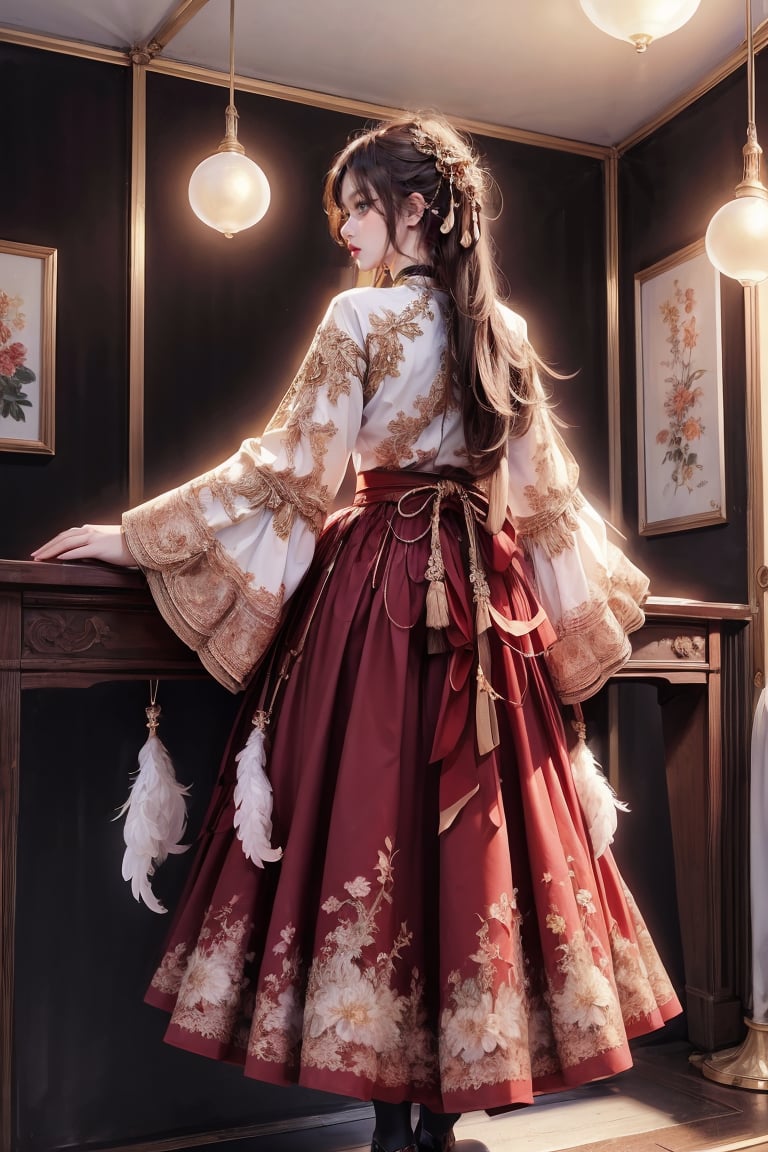 female, ((masterpiece, best quality, ultra detailed, absurdres):1.5), 1girl,solo,skirt,long sleeves,standing,full body,indoors,wide sleeves,sleeves past wrists,red skirt,chinese clothes,floral print,feathers,tassel,hanfu, from_behind