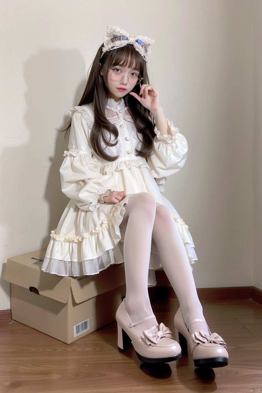  lolanse,aki, ,1girl, solo, dress,lolanse_style dress, sitting, pantyhose, long hair, white footwear, brown hair, shoes,  full body, glasses, box, hair ornament, high heels, black hair,lolita fashion, indoors, white pantyhose, frills,bangs, hair bow, platform footwear, hand up, blush, cardboard box, bag, see-through, ribbon, long sleeves, 