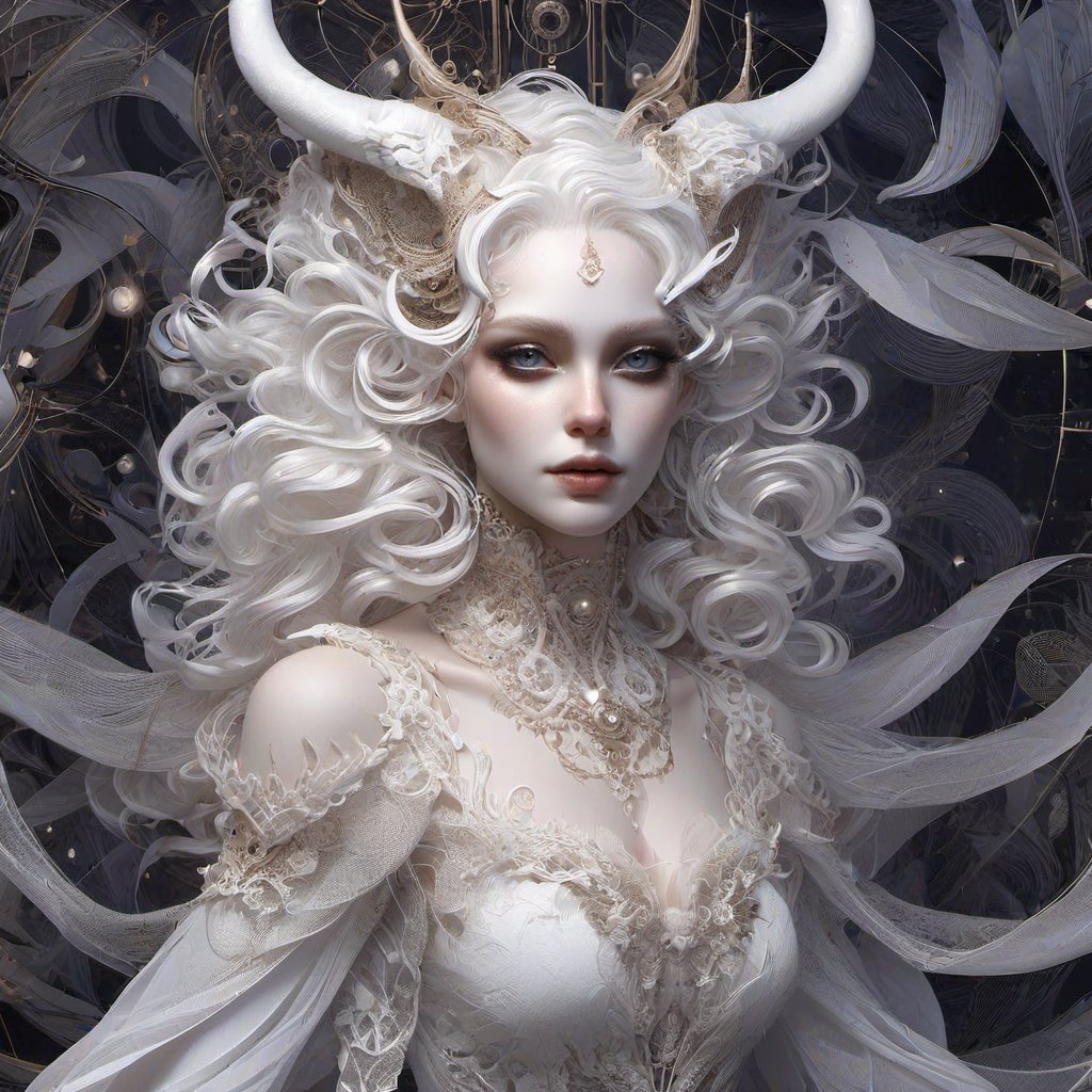 Heavenly daemonic, albino demon girl with lethargic sleepy smokey eyes, white curls , insect eyes, antenna , mesh fishnet blouse, (long intricate horns)  best quality, highest quality, extremely detailed CG unity 8k wallpaper, detailed and intricate, anna dittman, ivan bilbin,Decora_SWstyle