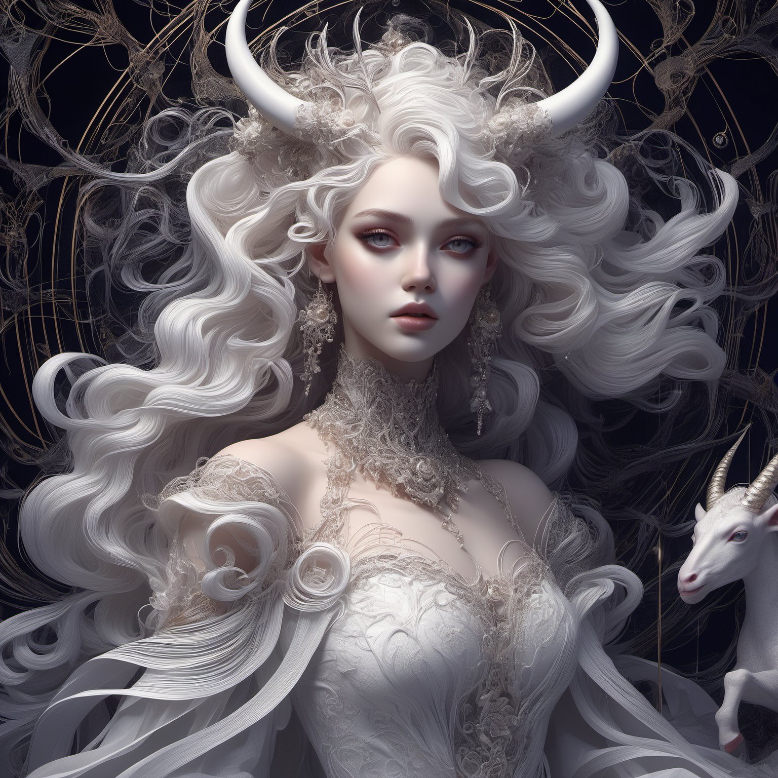 Heavenly daemonic,  albino demon girl with lethargic sleepy smokey eyes,  white curls,  insect eyes,  antenna,  mesh fishnet blouse,  (long intricate horns)  best quality,  highest quality,  extremely detailed CG unity 8k wallpaper,  detailed and intricate,  anna dittman,  ivan bilbin, Decora_SWstyle,<lora:EMS-261918-EMS:0.700000>