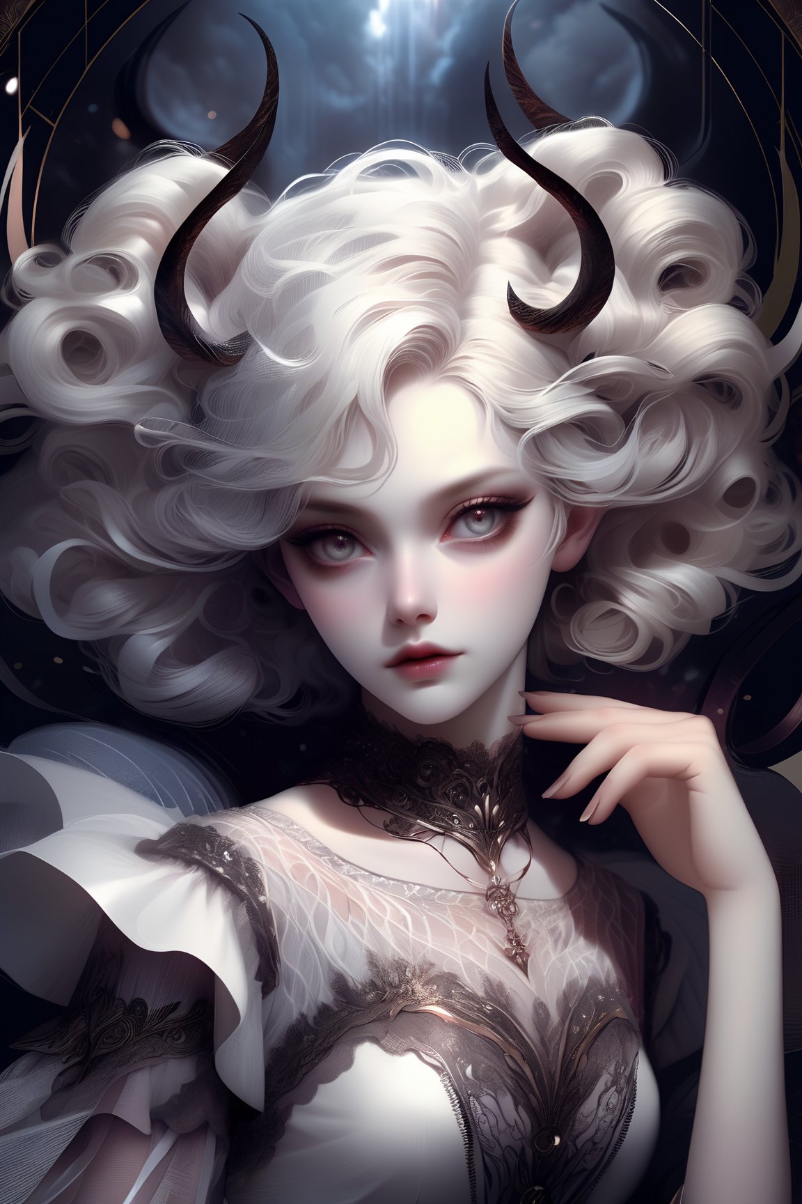 Heavenly daemonic,  albino demon girl with alluring lethargic sleepy smokey eyes,  white curls,  mesh fishnet blouse,  (long intricate horns),  best quality,  highest quality,  extremely detailed CG unity 8k wallpaper,  detailed and intricate,  anna dittman,  ivan bilbin, Decora_SWstyle,<lora:EMS-261918-EMS:0.700000>