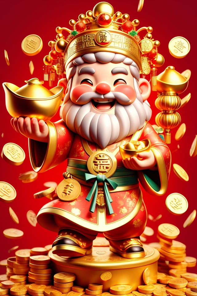 God of wealth, full body, lots of gold coins falling, gold coins shining, festive atmosphere, solo, blush, smile, smiling eyes, male focus, wide sleeves, beard, hat, Chinese dress, crown, beard, 3D modeling and rendering, high definition, detail enhancement,facai