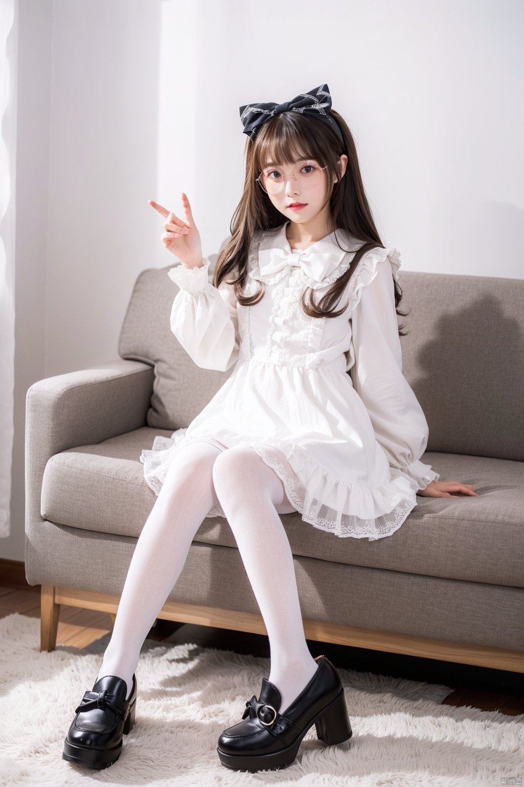  lolanse,aki, ,1girl, solo, dress,lolanse_style dress, sitting, pantyhose, long hair, white footwear, brown hair, shoes,  full body, glasses, box, hair ornament, high heels, black hair,lolita fashion, indoors, white pantyhose, frills,bangs, hair bow, platform footwear, hand up, blush, cardboard box, bag, see-through, ribbon, long sleeves, 