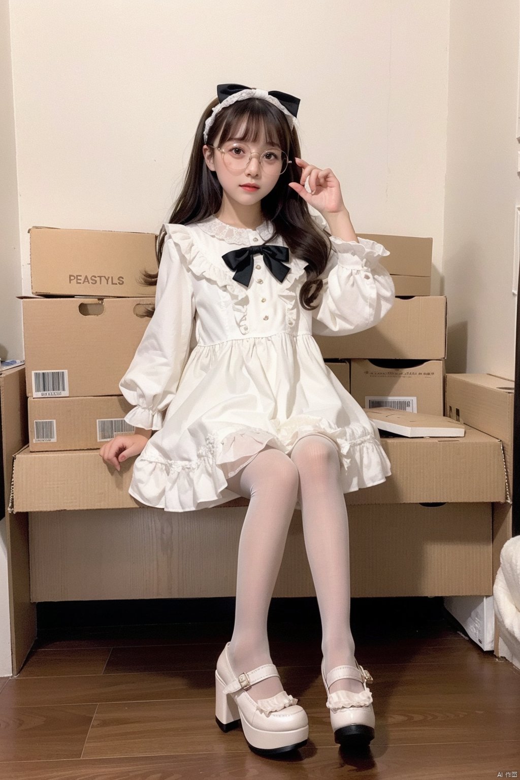  lolanse,aki, ,1girl, solo, dress,lolanse_style dress, sitting, pantyhose, long hair, white footwear, brown hair, shoes,  full body, glasses, box, hair ornament, high heels, black hair,lolita fashion, indoors, white pantyhose, frills,bangs, hair bow, platform footwear, hand up, blush, cardboard box, bag, see-through, ribbon, long sleeves, 