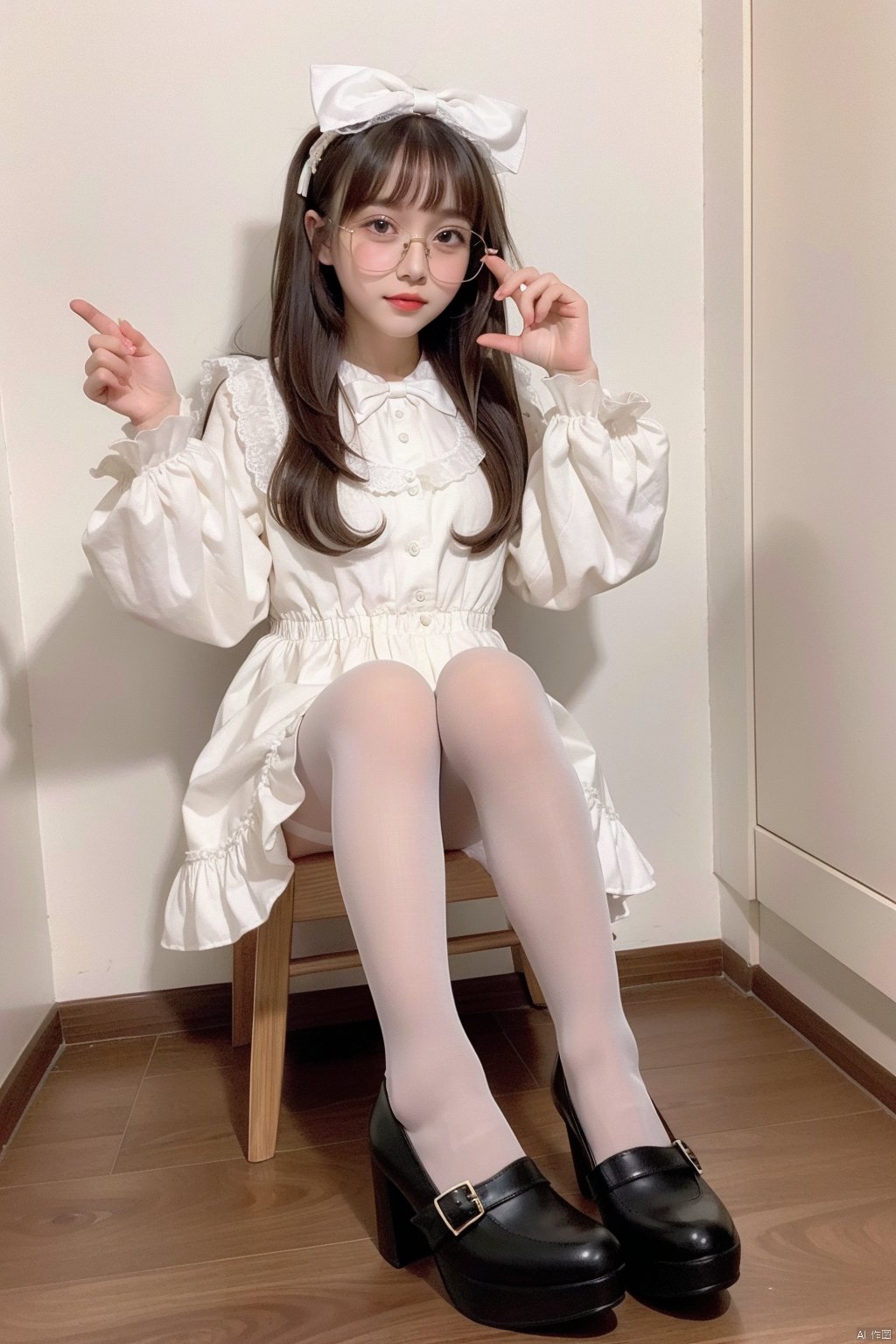  lolanse,aki, ,1girl, solo, dress,lolanse_style dress, sitting, pantyhose, long hair, white footwear, brown hair, shoes,  full body, glasses, box, hair ornament, high heels, black hair,lolita fashion, indoors, white pantyhose, frills,bangs, hair bow, platform footwear, hand up, blush, cardboard box, bag, see-through, ribbon, long sleeves, 