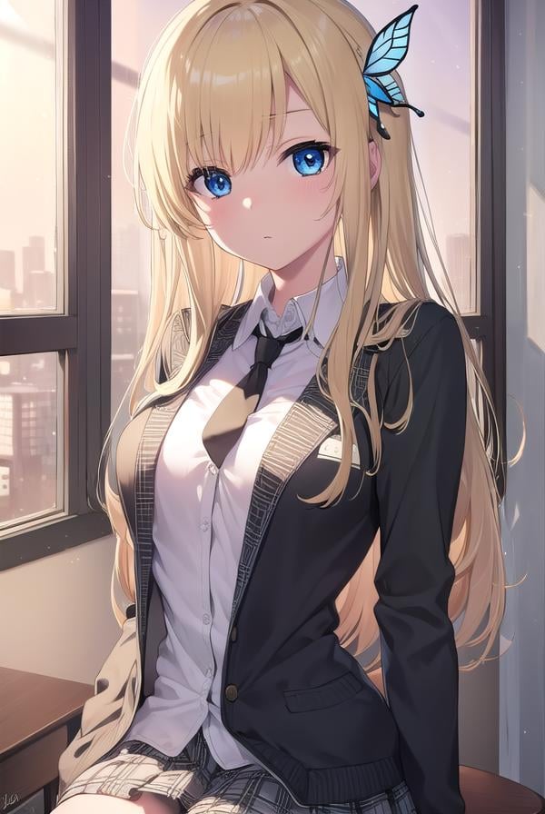 senakashiwazaki, <lora:sena kashiwazaki-lora-nochekaiser:1>,sena kashiwazaki, blonde hair, butterfly hair ornament, hair ornament, long hair,BREAK cardigan, checkered clothes, checkered skirt, jacket, long sleeves, necktie, school uniform, shirt, skirt, st. chronica academy school uniformBREAK indoors, classroom,BREAK looking at viewer, (cowboy shot:1.5),BREAK <lyco:GoodHands-beta2:1>, (masterpiece:1.2), best quality, high resolution, unity 8k wallpaper, (illustration:0.8), (beautiful detailed eyes:1.6), extremely detailed face, perfect lighting, extremely detailed CG, (perfect hands, perfect anatomy),