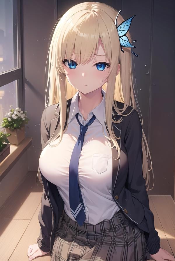 senakashiwazaki, <lora:sena kashiwazaki-lora-nochekaiser:1>,sena kashiwazaki, blonde hair, butterfly hair ornament, hair ornament, long hair,BREAK cardigan, checkered clothes, checkered skirt, jacket, long sleeves, necktie, school uniform, shirt, skirt, st. chronica academy school uniformBREAK indoors, classroom,BREAK looking at viewer, (cowboy shot:1.5),BREAK <lyco:GoodHands-beta2:1>, (masterpiece:1.2), best quality, high resolution, unity 8k wallpaper, (illustration:0.8), (beautiful detailed eyes:1.6), extremely detailed face, perfect lighting, extremely detailed CG, (perfect hands, perfect anatomy),