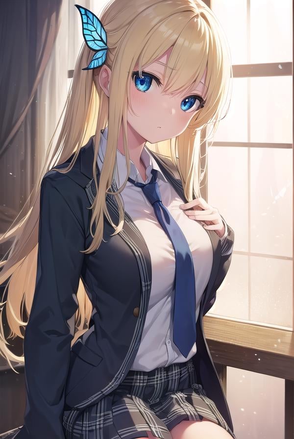 senakashiwazaki, <lora:sena kashiwazaki-lora-nochekaiser:1>,sena kashiwazaki, blonde hair, butterfly hair ornament, hair ornament, long hair,BREAK cardigan, checkered clothes, checkered skirt, jacket, long sleeves, necktie, school uniform, shirt, skirt, st. chronica academy school uniformBREAK indoors, classroom,BREAK looking at viewer, (cowboy shot:1.5),BREAK <lyco:GoodHands-beta2:1>, (masterpiece:1.2), best quality, high resolution, unity 8k wallpaper, (illustration:0.8), (beautiful detailed eyes:1.6), extremely detailed face, perfect lighting, extremely detailed CG, (perfect hands, perfect anatomy),