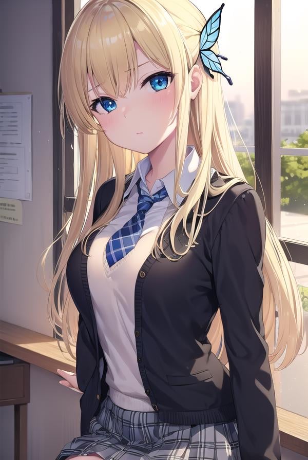 senakashiwazaki, <lora:sena kashiwazaki-lora-nochekaiser:1>,sena kashiwazaki, blonde hair, butterfly hair ornament, hair ornament, long hair,BREAK cardigan, checkered clothes, checkered skirt, jacket, long sleeves, necktie, school uniform, shirt, skirt, st. chronica academy school uniformBREAK indoors, classroom,BREAK looking at viewer, (cowboy shot:1.5),BREAK <lyco:GoodHands-beta2:1>, (masterpiece:1.2), best quality, high resolution, unity 8k wallpaper, (illustration:0.8), (beautiful detailed eyes:1.6), extremely detailed face, perfect lighting, extremely detailed CG, (perfect hands, perfect anatomy),