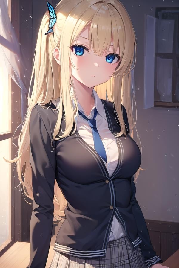 senakashiwazaki, <lora:sena kashiwazaki-lora-nochekaiser:1>,sena kashiwazaki, blonde hair, butterfly hair ornament, hair ornament, long hair,BREAK cardigan, checkered clothes, checkered skirt, jacket, long sleeves, necktie, school uniform, shirt, skirt, st. chronica academy school uniformBREAK indoors, classroom,BREAK looking at viewer, (cowboy shot:1.5),BREAK <lyco:GoodHands-beta2:1>, (masterpiece:1.2), best quality, high resolution, unity 8k wallpaper, (illustration:0.8), (beautiful detailed eyes:1.6), extremely detailed face, perfect lighting, extremely detailed CG, (perfect hands, perfect anatomy),