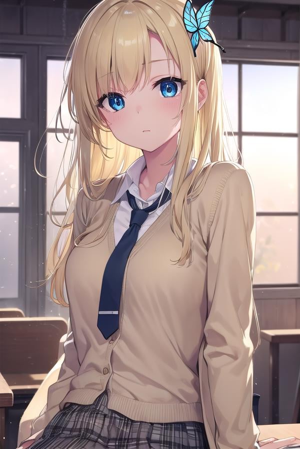 senakashiwazaki, <lora:sena kashiwazaki-lora-nochekaiser:1>,sena kashiwazaki, blonde hair, butterfly hair ornament, hair ornament, long hair,BREAK cardigan, checkered clothes, checkered skirt, jacket, long sleeves, necktie, school uniform, shirt, skirt, st. chronica academy school uniformBREAK indoors, classroom,BREAK looking at viewer, (cowboy shot:1.5),BREAK <lyco:GoodHands-beta2:1>, (masterpiece:1.2), best quality, high resolution, unity 8k wallpaper, (illustration:0.8), (beautiful detailed eyes:1.6), extremely detailed face, perfect lighting, extremely detailed CG, (perfect hands, perfect anatomy),