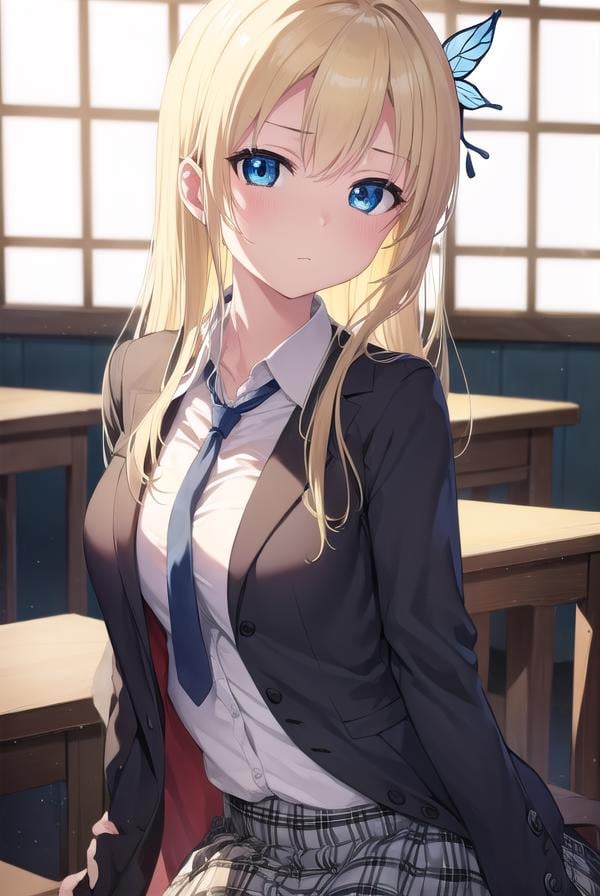 senakashiwazaki, <lora:sena kashiwazaki-lora-nochekaiser:1>,sena kashiwazaki, blonde hair, butterfly hair ornament, hair ornament, long hair,BREAK cardigan, checkered clothes, checkered skirt, jacket, long sleeves, necktie, school uniform, shirt, skirt, st. chronica academy school uniformBREAK indoors, classroom,BREAK looking at viewer, (cowboy shot:1.5),BREAK <lyco:GoodHands-beta2:1>, (masterpiece:1.2), best quality, high resolution, unity 8k wallpaper, (illustration:0.8), (beautiful detailed eyes:1.6), extremely detailed face, perfect lighting, extremely detailed CG, (perfect hands, perfect anatomy),