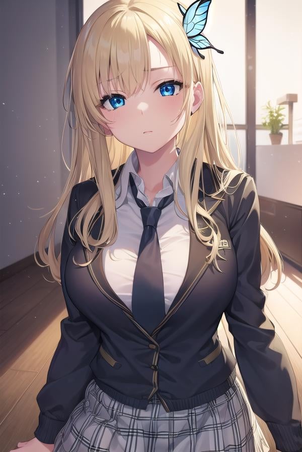 senakashiwazaki, <lora:sena kashiwazaki-lora-nochekaiser:1>,sena kashiwazaki, blonde hair, butterfly hair ornament, hair ornament, long hair,BREAK cardigan, checkered clothes, checkered skirt, jacket, long sleeves, necktie, school uniform, shirt, skirt, st. chronica academy school uniformBREAK indoors, classroom,BREAK looking at viewer, (cowboy shot:1.5),BREAK <lyco:GoodHands-beta2:1>, (masterpiece:1.2), best quality, high resolution, unity 8k wallpaper, (illustration:0.8), (beautiful detailed eyes:1.6), extremely detailed face, perfect lighting, extremely detailed CG, (perfect hands, perfect anatomy),