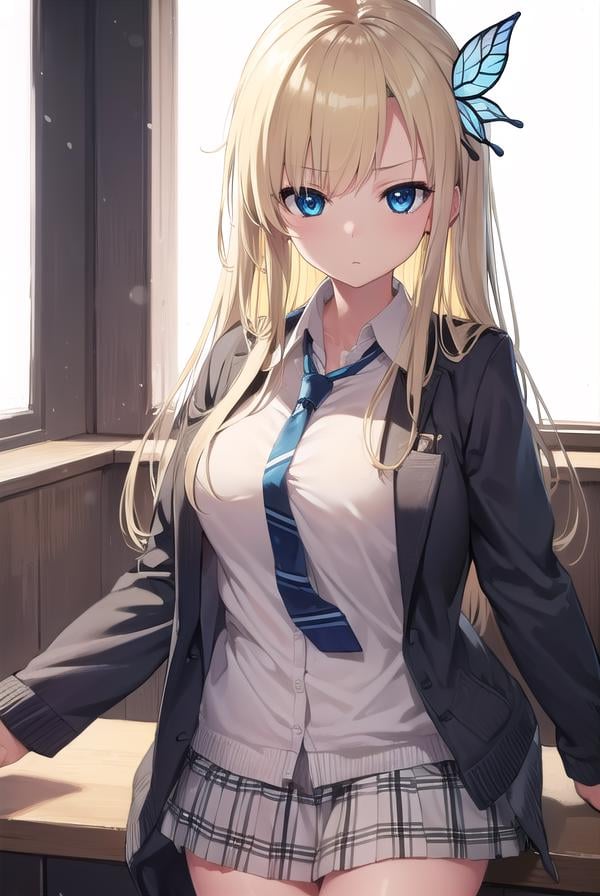 senakashiwazaki, <lora:sena kashiwazaki-lora-nochekaiser:1>,sena kashiwazaki, blonde hair, butterfly hair ornament, hair ornament, long hair,BREAK cardigan, checkered clothes, checkered skirt, jacket, long sleeves, necktie, school uniform, shirt, skirt, st. chronica academy school uniformBREAK indoors, classroom,BREAK looking at viewer, (cowboy shot:1.5),BREAK <lyco:GoodHands-beta2:1>, (masterpiece:1.2), best quality, high resolution, unity 8k wallpaper, (illustration:0.8), (beautiful detailed eyes:1.6), extremely detailed face, perfect lighting, extremely detailed CG, (perfect hands, perfect anatomy),