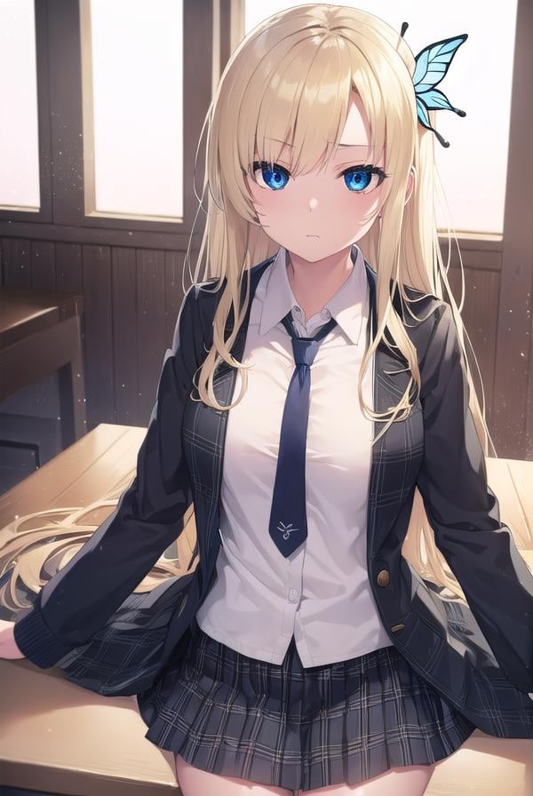 senakashiwazaki, <lora:sena kashiwazaki-lora-nochekaiser:1>,sena kashiwazaki, blonde hair, butterfly hair ornament, hair ornament, long hair,BREAK cardigan, checkered clothes, checkered skirt, jacket, long sleeves, necktie, school uniform, shirt, skirt, st. chronica academy school uniformBREAK indoors, classroom,BREAK looking at viewer, (cowboy shot:1.5),BREAK <lyco:GoodHands-beta2:1>, (masterpiece:1.2), best quality, high resolution, unity 8k wallpaper, (illustration:0.8), (beautiful detailed eyes:1.6), extremely detailed face, perfect lighting, extremely detailed CG, (perfect hands, perfect anatomy),