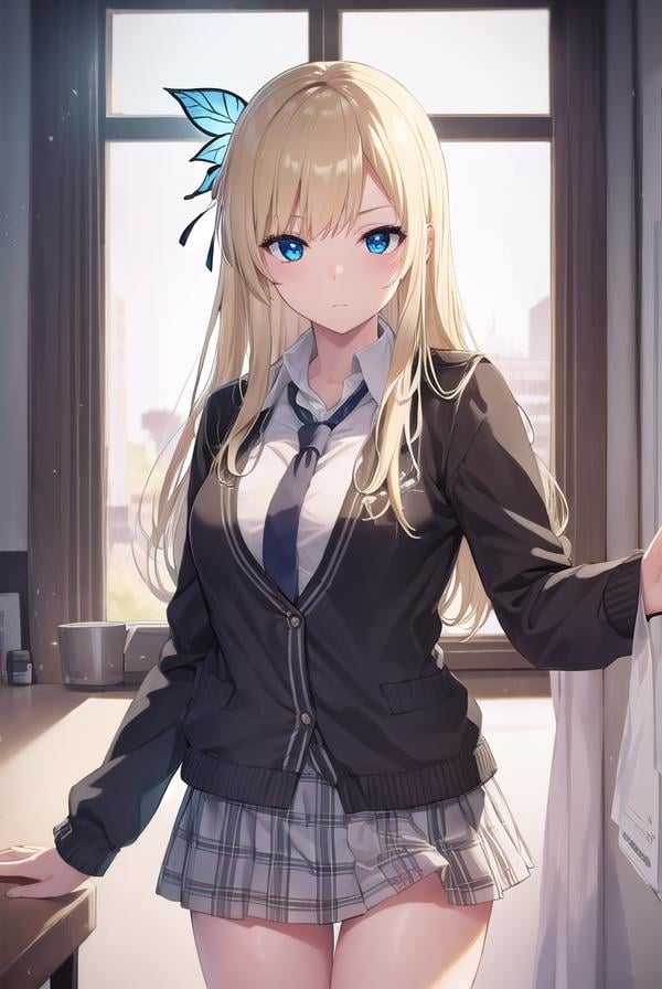 senakashiwazaki, <lora:sena kashiwazaki-lora-nochekaiser:1>,sena kashiwazaki, blonde hair, butterfly hair ornament, hair ornament, long hair,BREAK cardigan, checkered clothes, checkered skirt, jacket, long sleeves, necktie, school uniform, shirt, skirt, st. chronica academy school uniformBREAK indoors, classroom,BREAK looking at viewer, (cowboy shot:1.5),BREAK <lyco:GoodHands-beta2:1>, (masterpiece:1.2), best quality, high resolution, unity 8k wallpaper, (illustration:0.8), (beautiful detailed eyes:1.6), extremely detailed face, perfect lighting, extremely detailed CG, (perfect hands, perfect anatomy),