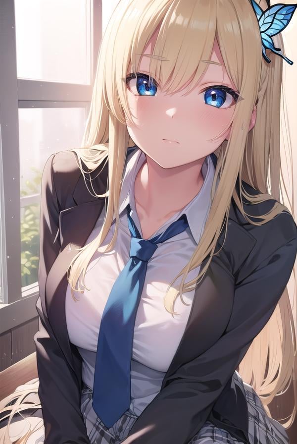 senakashiwazaki, <lora:sena kashiwazaki-lora-nochekaiser:1>,sena kashiwazaki, blonde hair, butterfly hair ornament, hair ornament, long hair,BREAK cardigan, checkered clothes, checkered skirt, jacket, long sleeves, necktie, school uniform, shirt, skirt, st. chronica academy school uniformBREAK indoors, classroom,BREAK looking at viewer, (cowboy shot:1.5),BREAK <lyco:GoodHands-beta2:1>, (masterpiece:1.2), best quality, high resolution, unity 8k wallpaper, (illustration:0.8), (beautiful detailed eyes:1.6), extremely detailed face, perfect lighting, extremely detailed CG, (perfect hands, perfect anatomy),