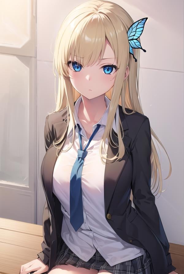 senakashiwazaki, <lora:sena kashiwazaki-lora-nochekaiser:1>,sena kashiwazaki, blonde hair, butterfly hair ornament, hair ornament, long hair,BREAK cardigan, checkered clothes, checkered skirt, jacket, long sleeves, necktie, school uniform, shirt, skirt, st. chronica academy school uniformBREAK indoors, classroom,BREAK looking at viewer, (cowboy shot:1.5),BREAK <lyco:GoodHands-beta2:1>, (masterpiece:1.2), best quality, high resolution, unity 8k wallpaper, (illustration:0.8), (beautiful detailed eyes:1.6), extremely detailed face, perfect lighting, extremely detailed CG, (perfect hands, perfect anatomy),