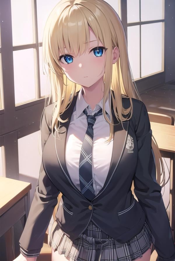 senakashiwazaki, <lora:sena kashiwazaki-lora-nochekaiser:1>,sena kashiwazaki, blonde hair, butterfly hair ornament, hair ornament, long hair,BREAK cardigan, checkered clothes, checkered skirt, jacket, long sleeves, necktie, school uniform, shirt, skirt, st. chronica academy school uniformBREAK indoors, classroom,BREAK looking at viewer, (cowboy shot:1.5),BREAK <lyco:GoodHands-beta2:1>, (masterpiece:1.2), best quality, high resolution, unity 8k wallpaper, (illustration:0.8), (beautiful detailed eyes:1.6), extremely detailed face, perfect lighting, extremely detailed CG, (perfect hands, perfect anatomy),