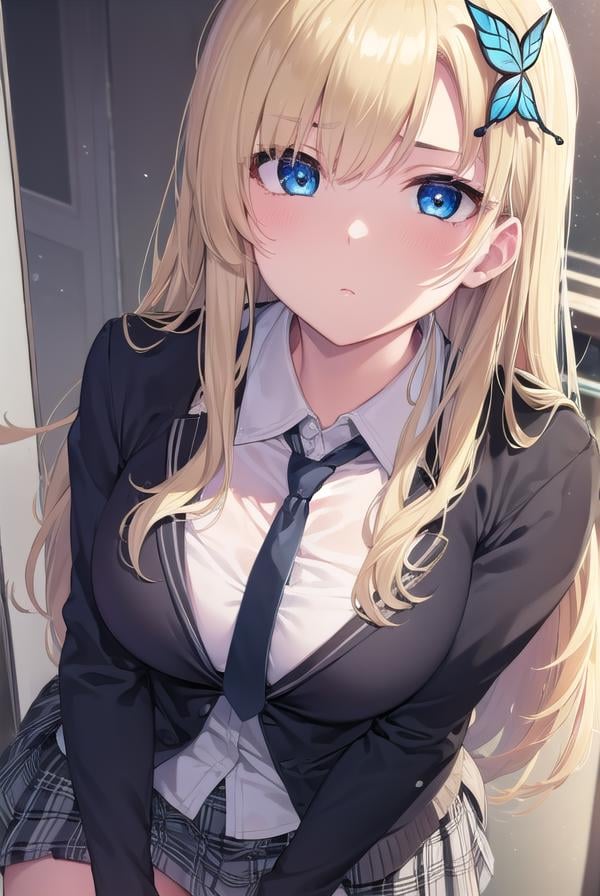 senakashiwazaki, <lora:sena kashiwazaki-lora-nochekaiser:1>,sena kashiwazaki, blonde hair, butterfly hair ornament, hair ornament, long hair,BREAK cardigan, checkered clothes, checkered skirt, jacket, long sleeves, necktie, school uniform, shirt, skirt, st. chronica academy school uniformBREAK indoors, classroom,BREAK looking at viewer, (cowboy shot:1.5),BREAK <lyco:GoodHands-beta2:1>, (masterpiece:1.2), best quality, high resolution, unity 8k wallpaper, (illustration:0.8), (beautiful detailed eyes:1.6), extremely detailed face, perfect lighting, extremely detailed CG, (perfect hands, perfect anatomy),