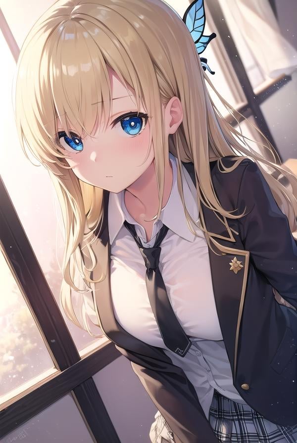 senakashiwazaki, <lora:sena kashiwazaki-lora-nochekaiser:1>,sena kashiwazaki, blonde hair, butterfly hair ornament, hair ornament, long hair,BREAK cardigan, checkered clothes, checkered skirt, jacket, long sleeves, necktie, school uniform, shirt, skirt, st. chronica academy school uniformBREAK indoors, classroom,BREAK looking at viewer, (cowboy shot:1.5),BREAK <lyco:GoodHands-beta2:1>, (masterpiece:1.2), best quality, high resolution, unity 8k wallpaper, (illustration:0.8), (beautiful detailed eyes:1.6), extremely detailed face, perfect lighting, extremely detailed CG, (perfect hands, perfect anatomy),