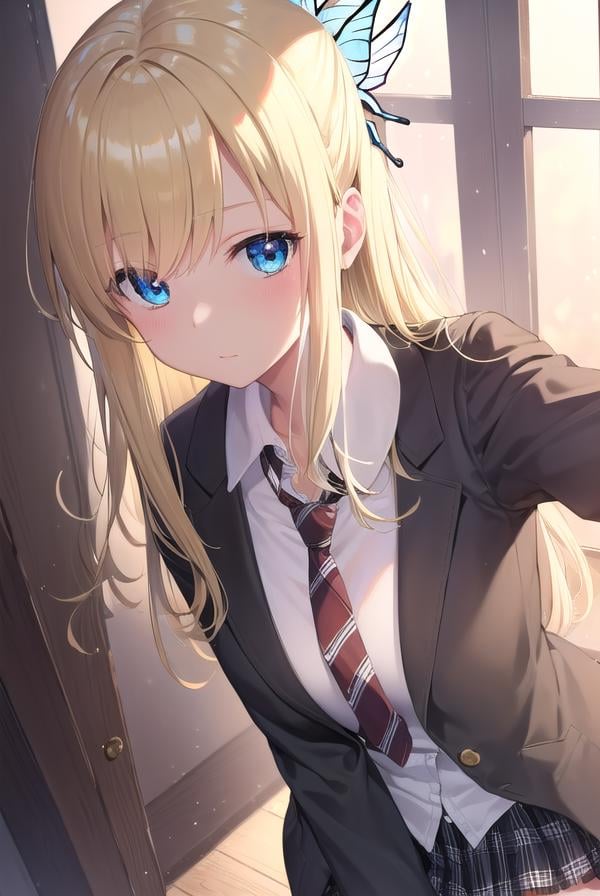 senakashiwazaki, <lora:sena kashiwazaki-lora-nochekaiser:1>,sena kashiwazaki, blonde hair, butterfly hair ornament, hair ornament, long hair,BREAK cardigan, checkered clothes, checkered skirt, jacket, long sleeves, necktie, school uniform, shirt, skirt, st. chronica academy school uniformBREAK indoors, classroom,BREAK looking at viewer, (cowboy shot:1.5),BREAK <lyco:GoodHands-beta2:1>, (masterpiece:1.2), best quality, high resolution, unity 8k wallpaper, (illustration:0.8), (beautiful detailed eyes:1.6), extremely detailed face, perfect lighting, extremely detailed CG, (perfect hands, perfect anatomy),