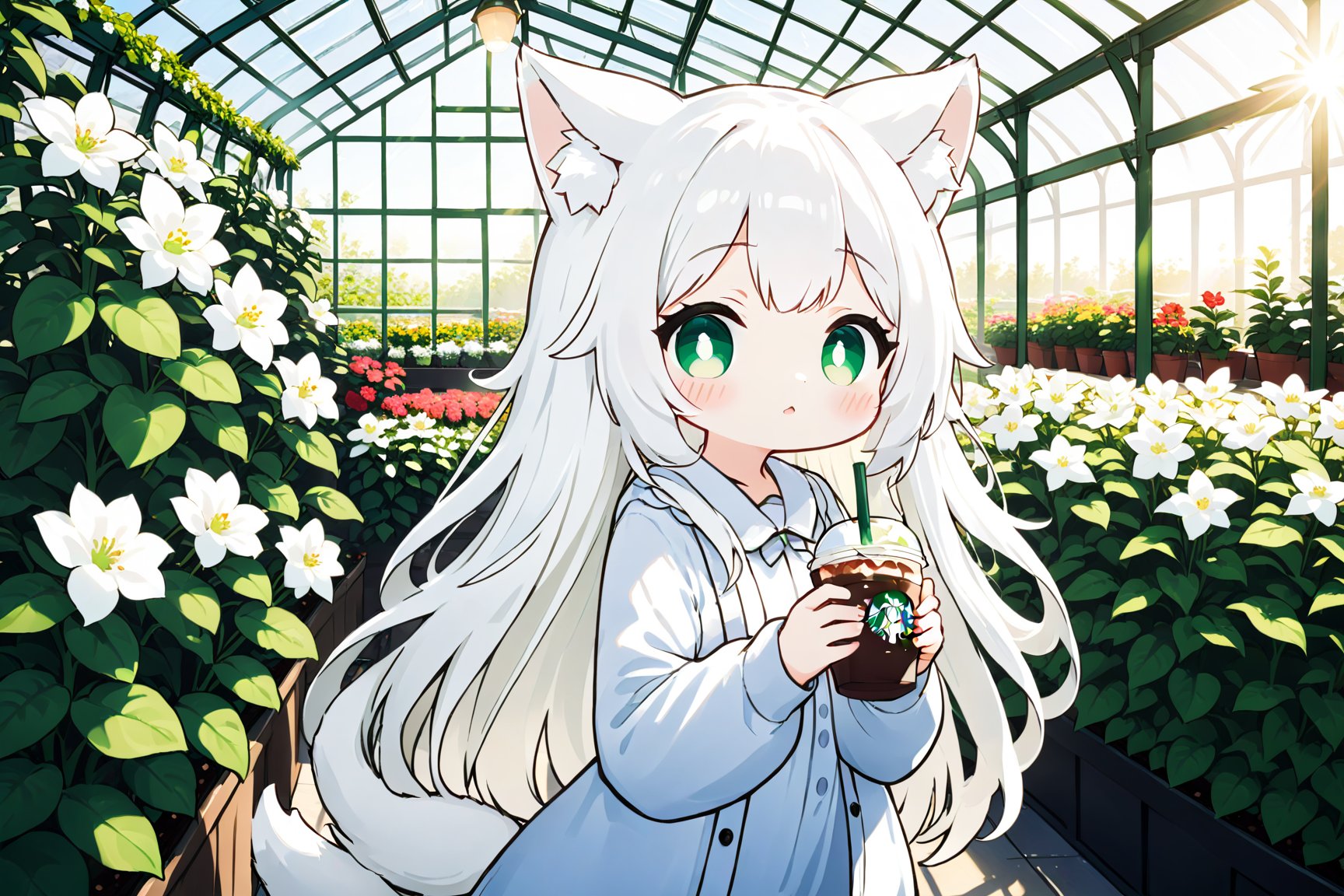 1girl, solo, greenhouse, flowers, Starbucks coffee, cute style, kawaii, (white plant:1.2) , long hair, white hair, green eyes, sunlight, animal_ears, animal_tail, :D