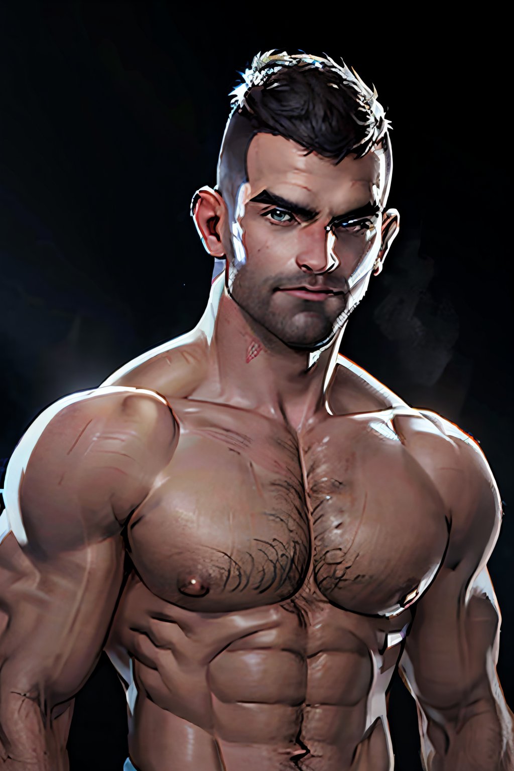 David King, black hair, stubble, handsome, charming, alluring, rugged, (topless, shirtless:1.2), (short hair, crewcut, flat hair), (standing), (upper body in frame), simple background, black background, fog, dark atmosphere, perfect light, perfect anatomy, perfect proportions, perfect perspective, 8k, HQ, (best quality:1.5, hyperrealistic:1.5, photorealistic:1.4, madly detailed CG unity 8k wallpaper:1.5, masterpiece:1.3, madly detailed photo:1.2), (hyper-realistic lifelike texture:1.4, realistic eyes:1.2), picture-perfect face, perfect eye pupil, detailed eyes, realistic, HD, UHD, (front view:1.2), portrait, looking outside frame