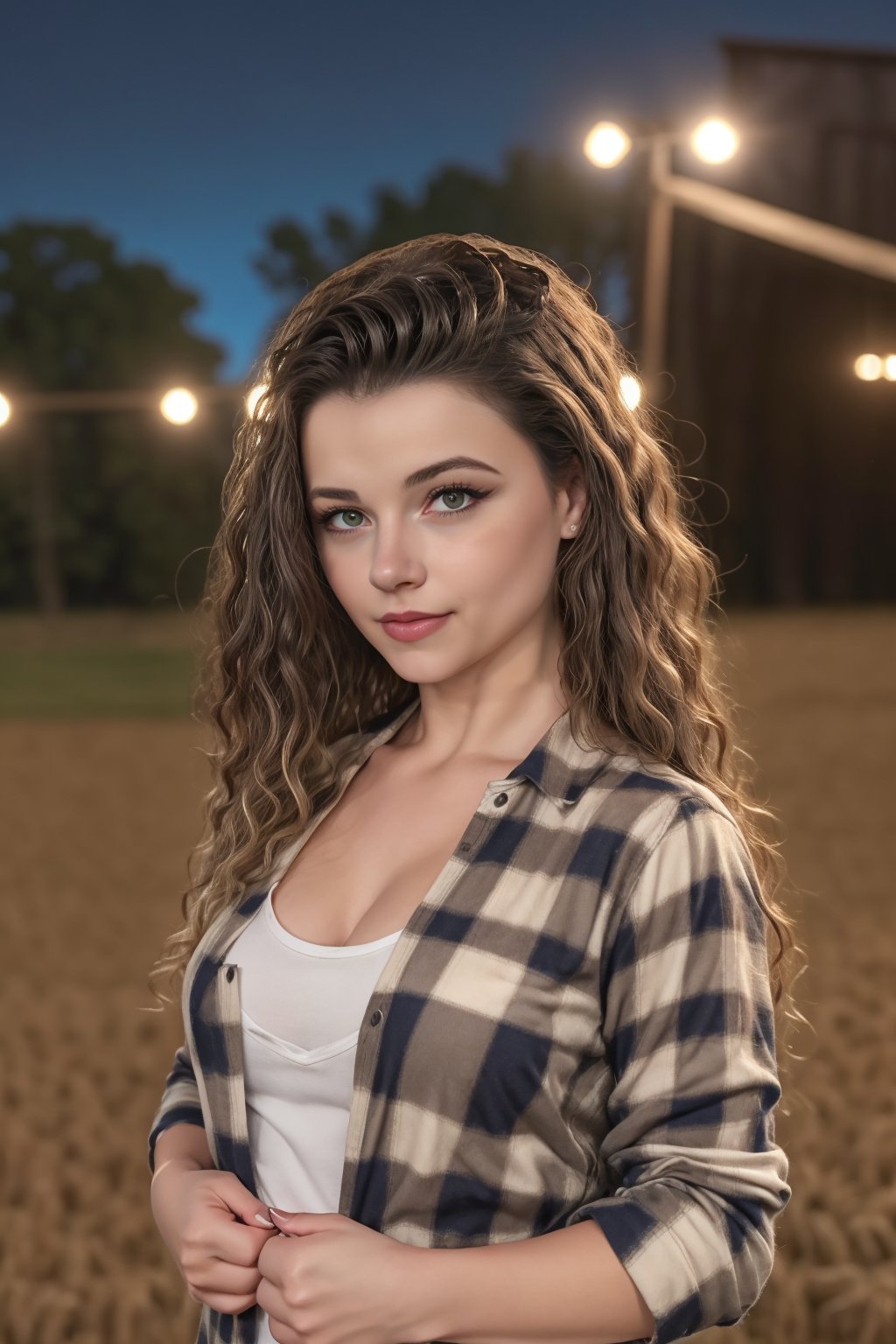 Woman,  solo_female, realistic, cute full-body_shot,  perfect face,  cute eyes, looking at viewer, cinematic light, photorealistic, night time style, ((Blurry background:1.2)), 

picture outside, farm background, wearing a flannel, realistic, beautiful looking face,  

photorealistic,SkpFace