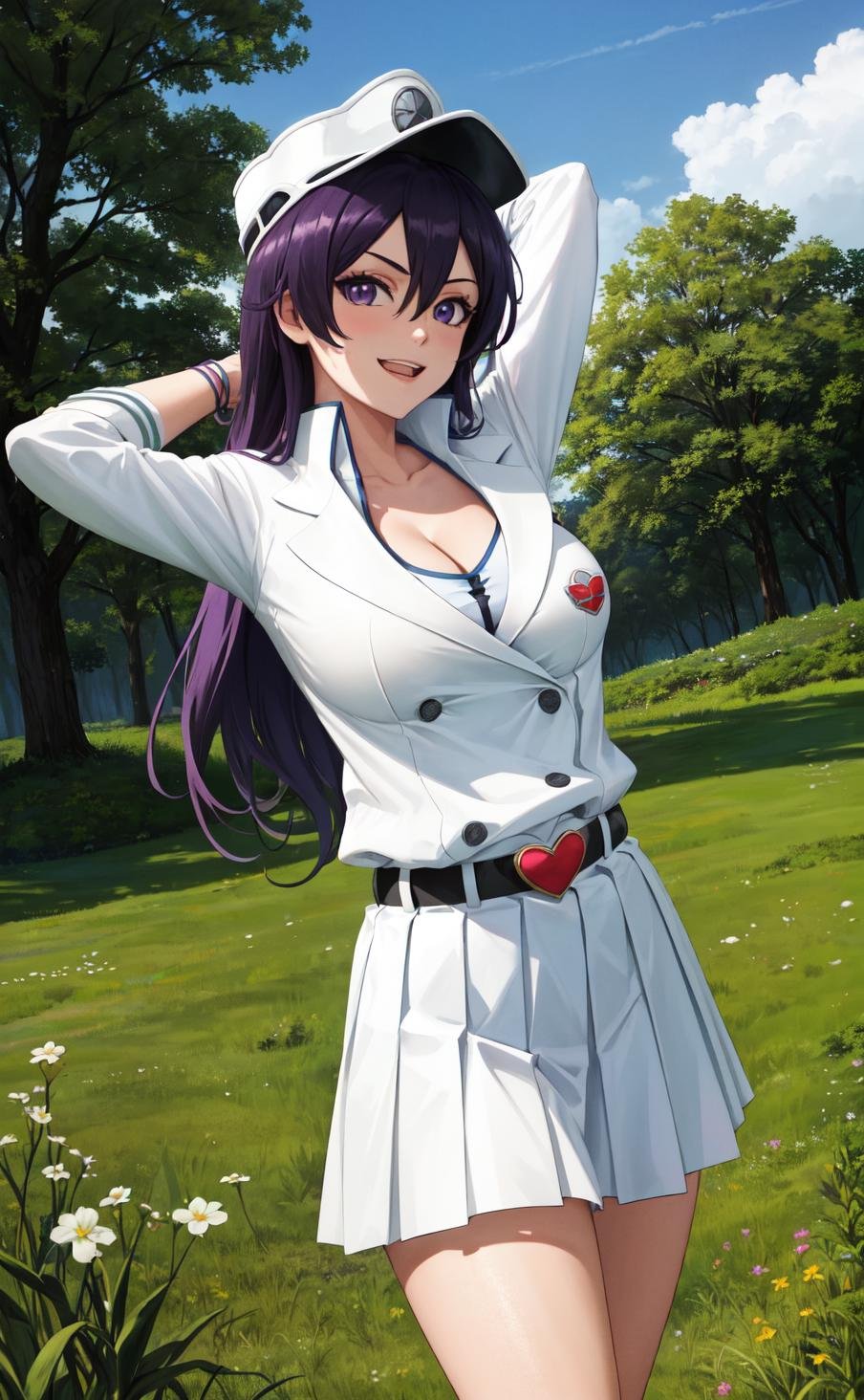 masterpiece, best quality, highres,BambiettaDef, 1girl, solo, black hair, bangs, purple hair, purple eyes, hair between eyes, very long hair, brown eyes, long hair, breasts, large breasts,cleavage, collarbone, no bra, skirt, long sleeves, hat, jacket, heart, pleated skirt, belt, uniform, groin, military, military uniform, white headwear, white jacket, white skirt, peaked cap, military hat, <lora:LoRA_Bambietta:1>, cowboy shot, looking at viewer, arms behind head, outdoors, grass, field, forest, sunlight, cloudy, laughing,