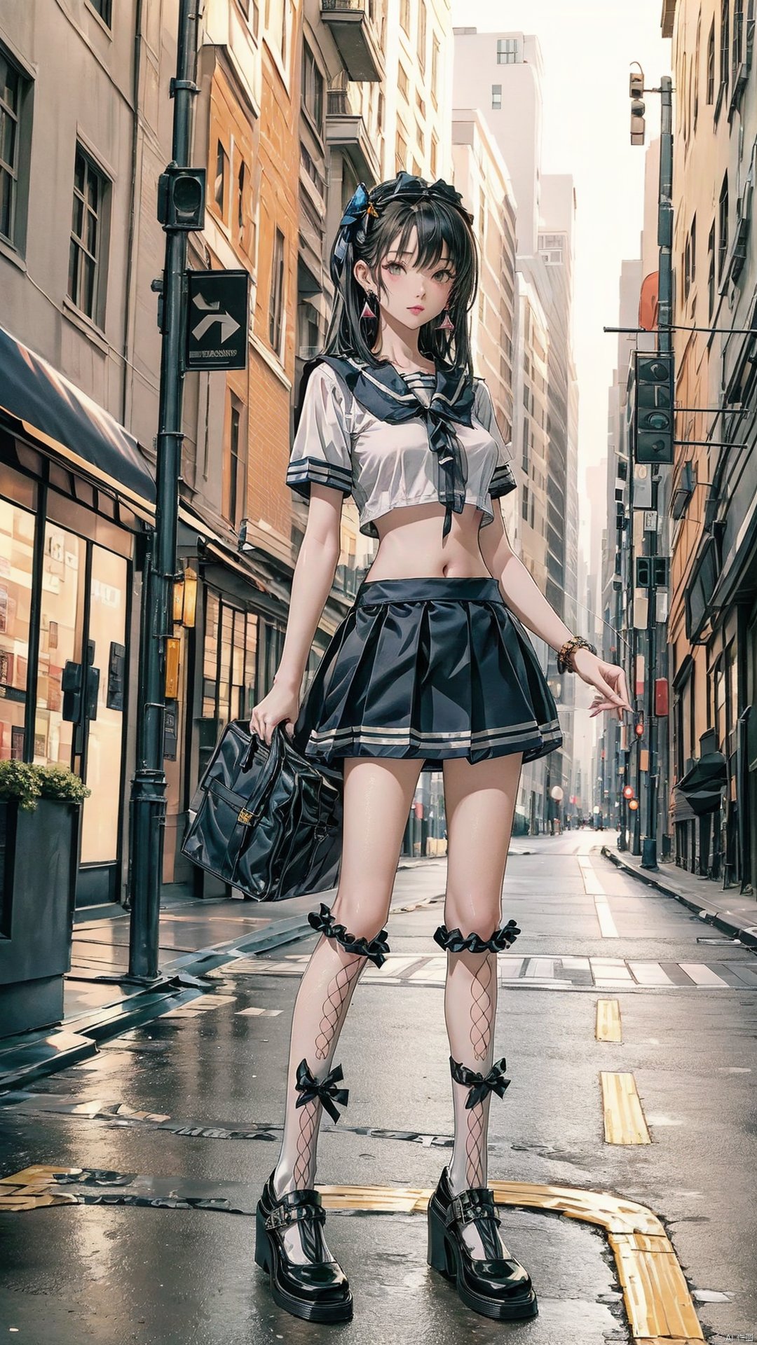  1girl,((full body)), (long legs), earrings,standing,high heels,,city,street, hair stick,vivid,colorful, bare belly,minisailor, bowknot socks,black, takei film