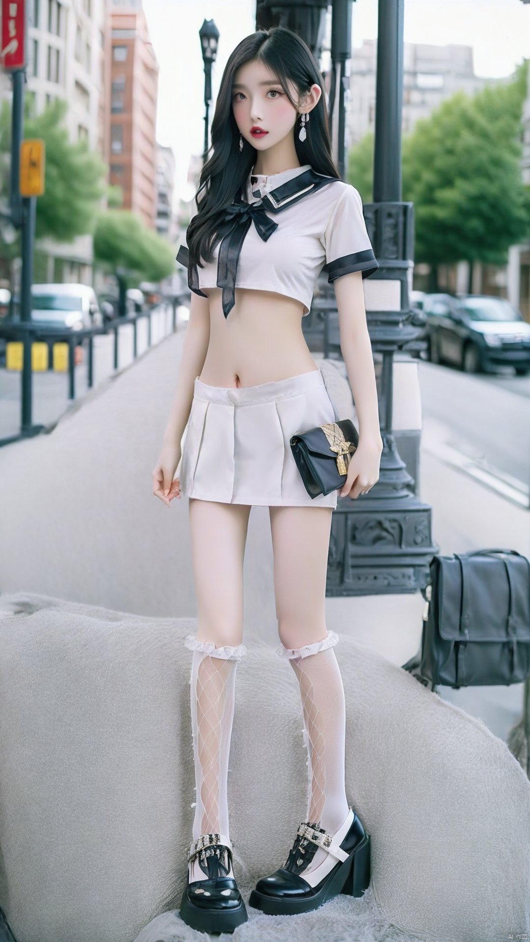  1girl,((full body)), (long legs), earrings,standing,high heels,,city,street, hair stick,vivid,colorful, bare belly,minisailor, bowknot socks,white