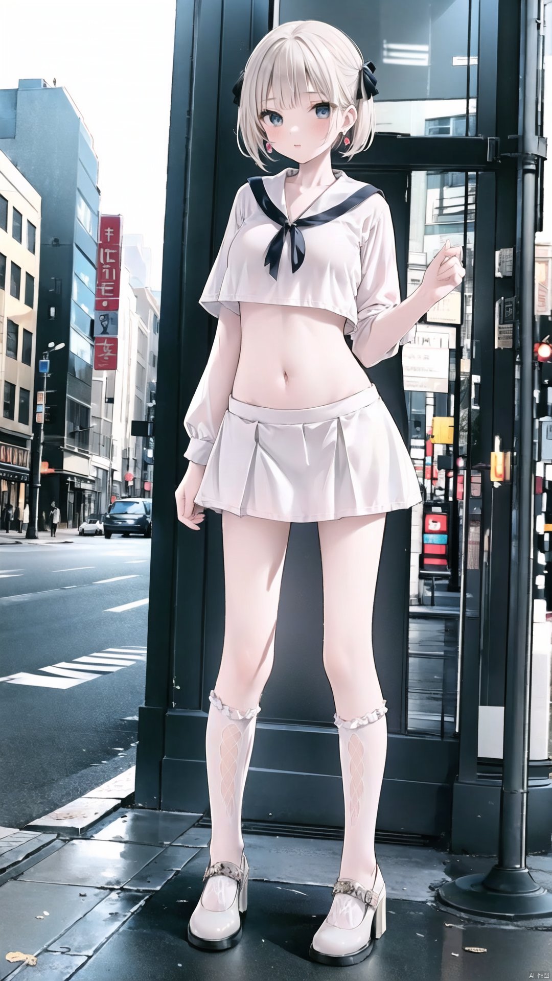  1girl,((full body)), (long legs), earrings,standing,high heels,,city,street, hair stick,vivid,colorful, bare belly,minisailor, bowknot socks,white,( figma:0.8)