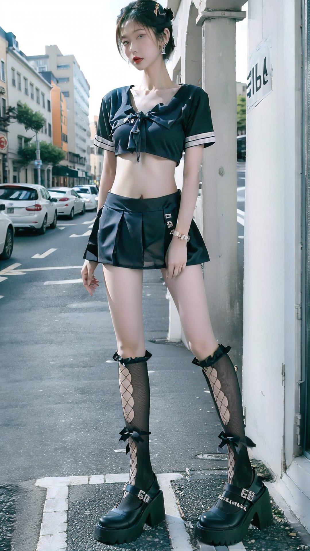  1girl,((full body)), (long legs), earrings,standing,high heels,,city,street, hair stick,vivid,colorful, bare belly,minisailor, bowknot socks,black, takei film