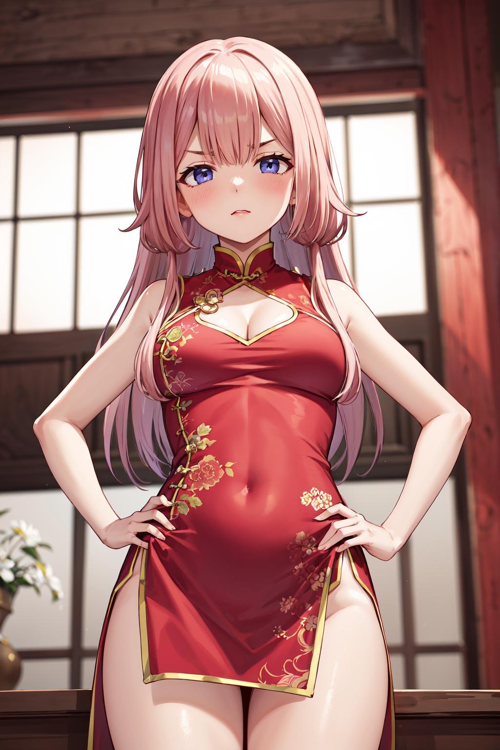 masterpiece,best quality,highres,ultra-detailed,aasango,long hair,bangs,hair between eyes,<lora:suou_sango:0.8>,bare shoulders,china dress,chinese clothes,short dress,cleavage cutout,sideboob,thighs,hands_on_hips,(furrowed_brow:1.2),indoors,front view,from_below,