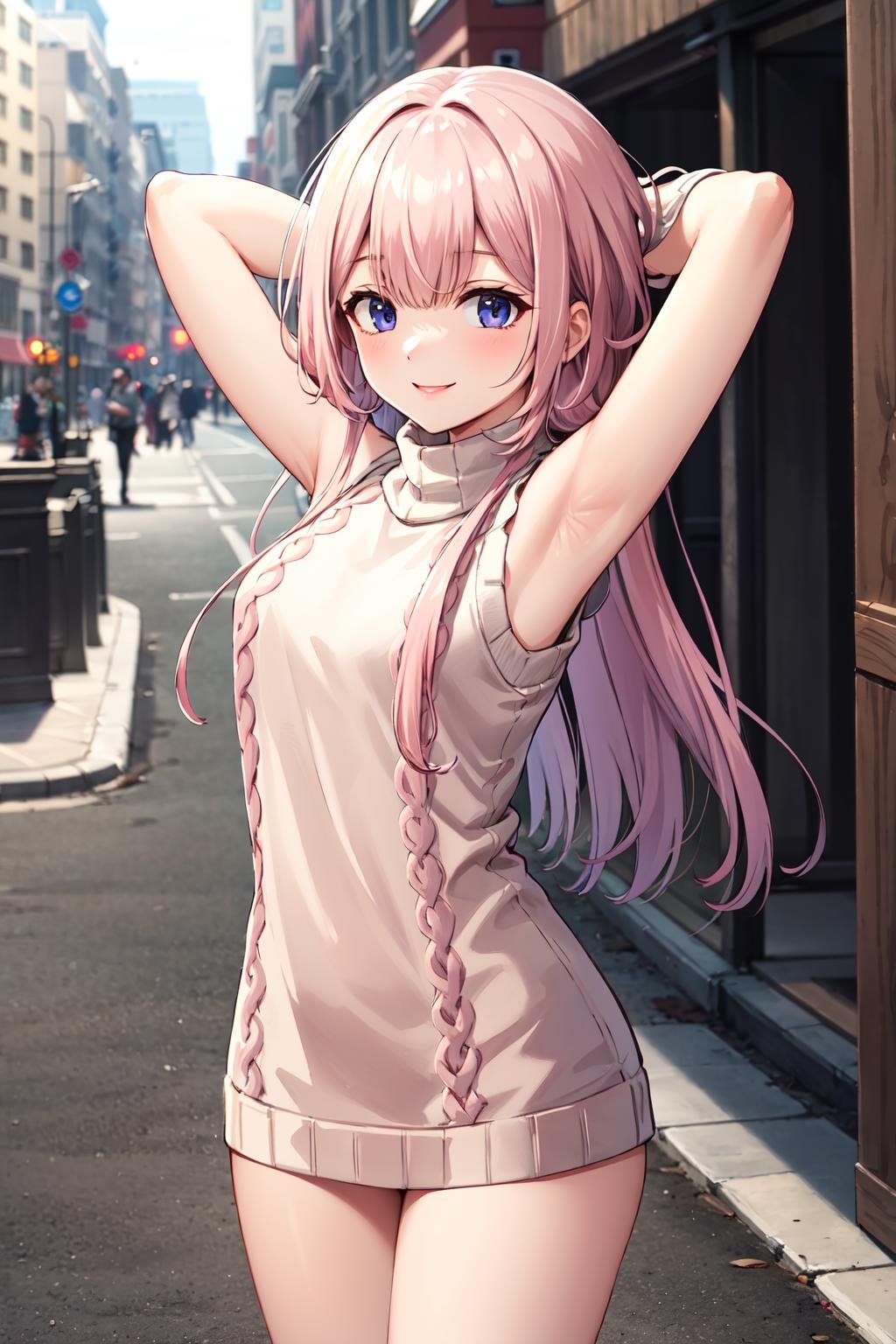 masterpiece,best quality,highres,ultra-detailed,aasango,long hair,bangs,hair between eyes,<lora:suou_sango:0.8>,(sweater:1.2),(turtleneck:1.2),street,smile,standing,(sleeveless:1.4),arm_behind_head,arms_up,cowboy shot,