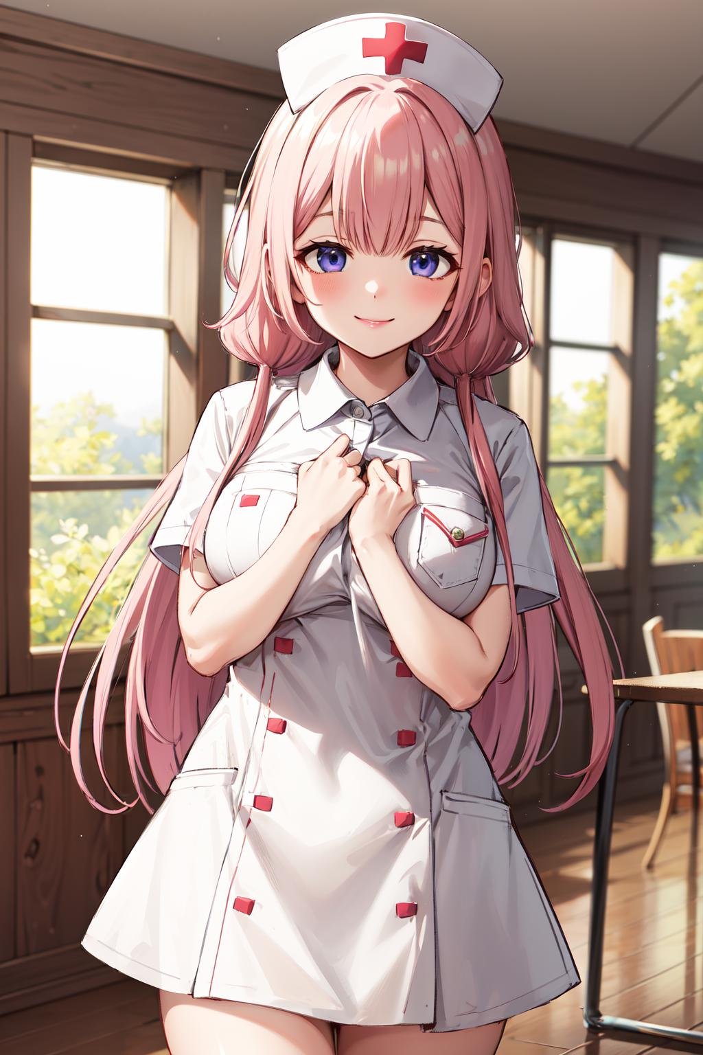 masterpiece,best quality,highres,ultra-detailed,aasango,long hair,bangs,hair between eyes,<lora:suou_sango:0.8>,nurse,nurse cap,breast pocket,collared dress,short dress,short sleeves,thighs,white dress,white headwear,smile,indoors,infirmary, 