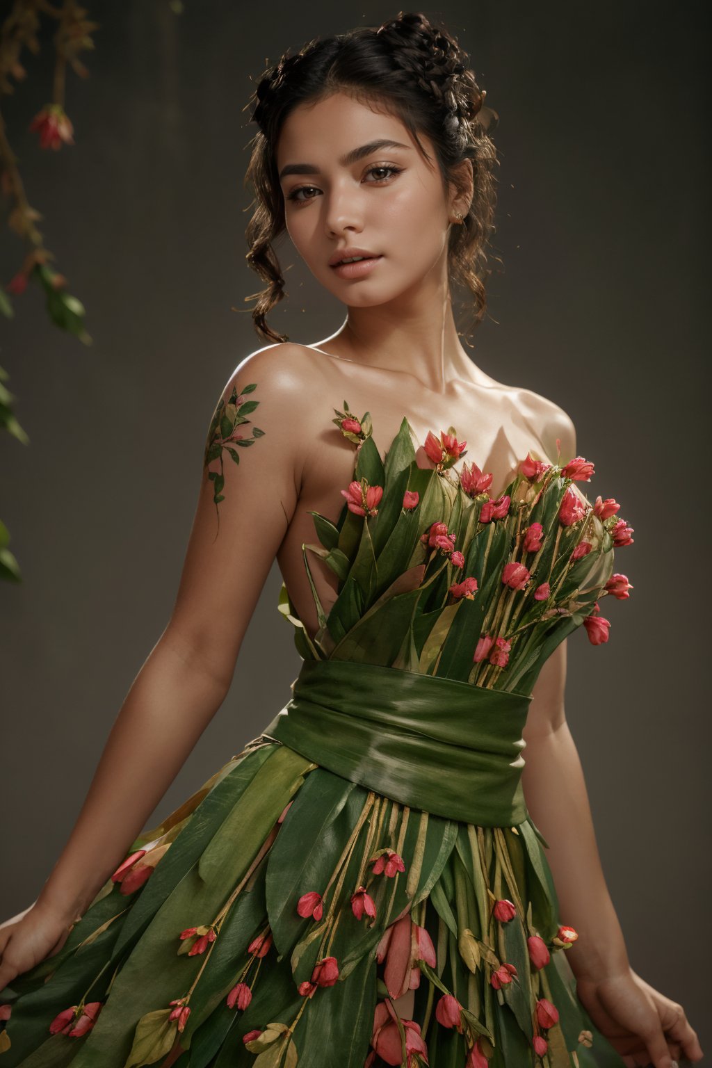 Studio background, studio photo, portrait,woman, flower dress, colorful, darl background,flower armor, good anatomy, best quality, (((masterpiece))), high quality, realist, best detailed, details, realist skin, skin detailed, underboobs, tatoos,art ,Blossom lady ,1 girl