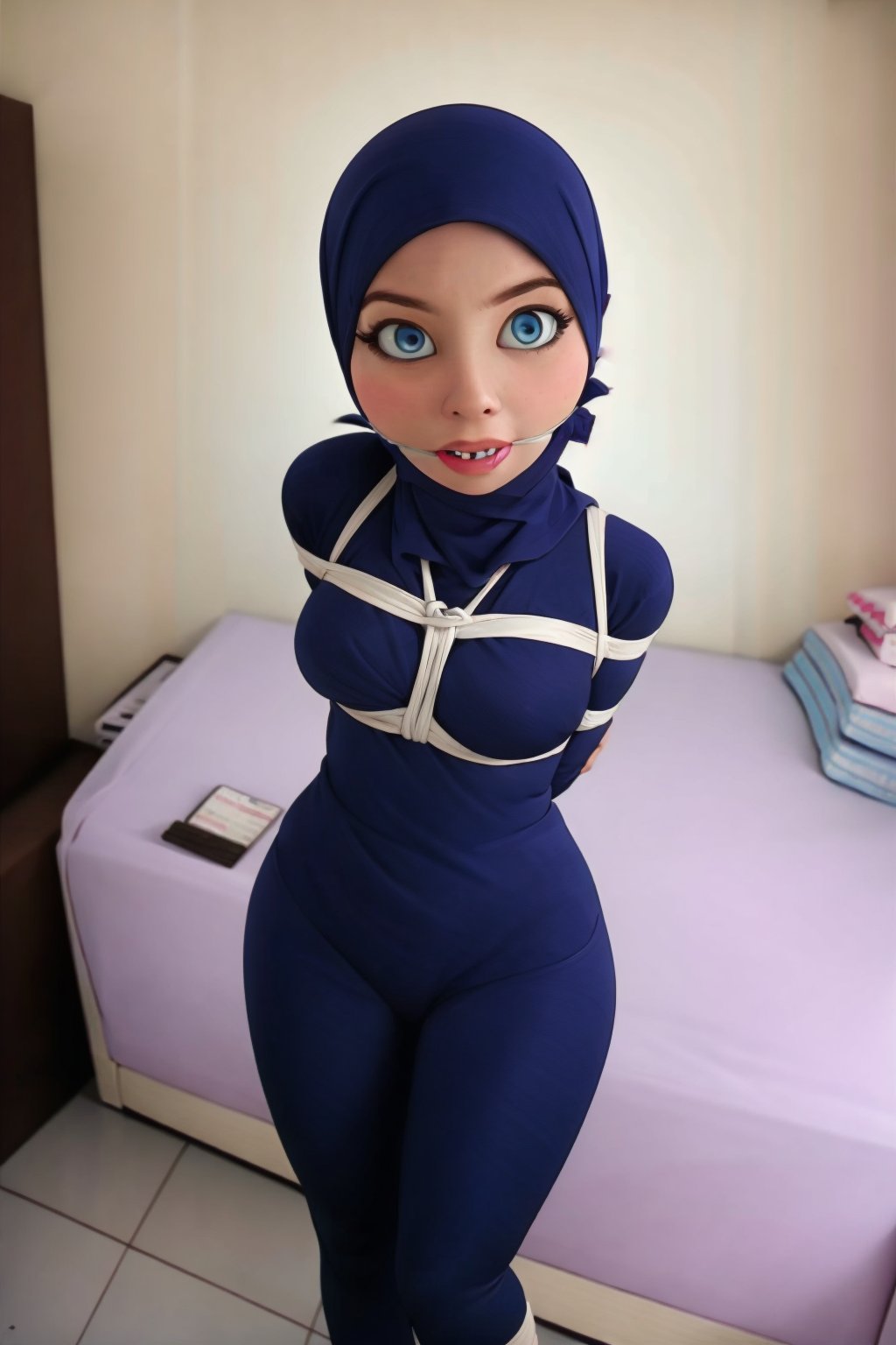 (masterpiece, best quality)1girl, wide hips, full lips, blushing, b1mb0 lips, (use thirsty prompt),marinette, spectacular muscular female physique, glowing ocean blue eyes, 16k, b1mb0,  spectacular muscular female physique, muscular arms, big_cat_fangs, covered_feet, covered hand,  ultra highres,marinette,Marinette Dupain-Cheng,hood up ,hooded fursuit bodysuit, ,bandana mask,veil,bodysuit, BMW girl,fur trim,fursuit style ,otn gag style ,tight bandana over the nose gag style ,patternbodysuit, bodysuit,cadar otn gag style , hijab bodysuit,veil bodysuit , ultra tight cadar otn gag style ,naughty hijab, silky veil,choker over chothes ,French flag hijab style ,clv,BurqaDr3ss,see the lips through the fabrics, weddinghijab ,Bugnoir , muzzle gag style ,domino Mask style, bugnoir superhero suit ,Bug noir ,Miraculous ,Hijab ,Bondage,rope_bondage, hijab bondage bodysuit style 