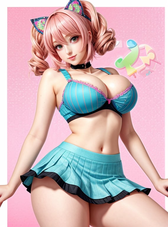 masterpiece, highly detailed skin, hdr, 8k, intricate details, (image of woman:1.2), skirt, tanktop, huge breasts, wide hips, beautiful face, long legs, femme fatale, kawaii style undefined, cute, adorable, brightly colored, cheerful, anime influence, highly detailed, manga style undefined, vibrant, high-energy, detailed, iconic, Japanese comic style