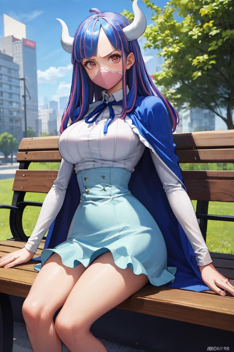 masterpiece, best quality, absurdres, UltiOP, mask, long hair, collared shirt, neck ribbon, blue skirt, blue cape, red high heels, sitting, outdoors, bench, park scene, <lora:UltiOP:1>