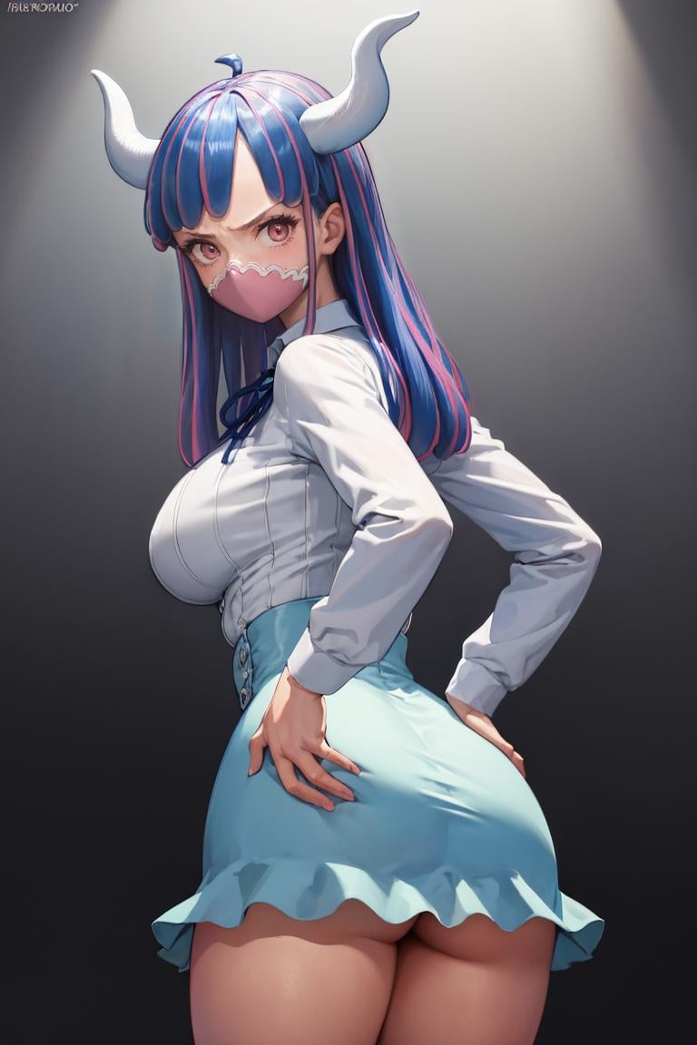 masterpiece, best quality, absurdres, UltiOP, mask, long hair, collared shirt, neck ribbon, blue skirt, from behind, ass, looking back, <lora:UltiOP:1>