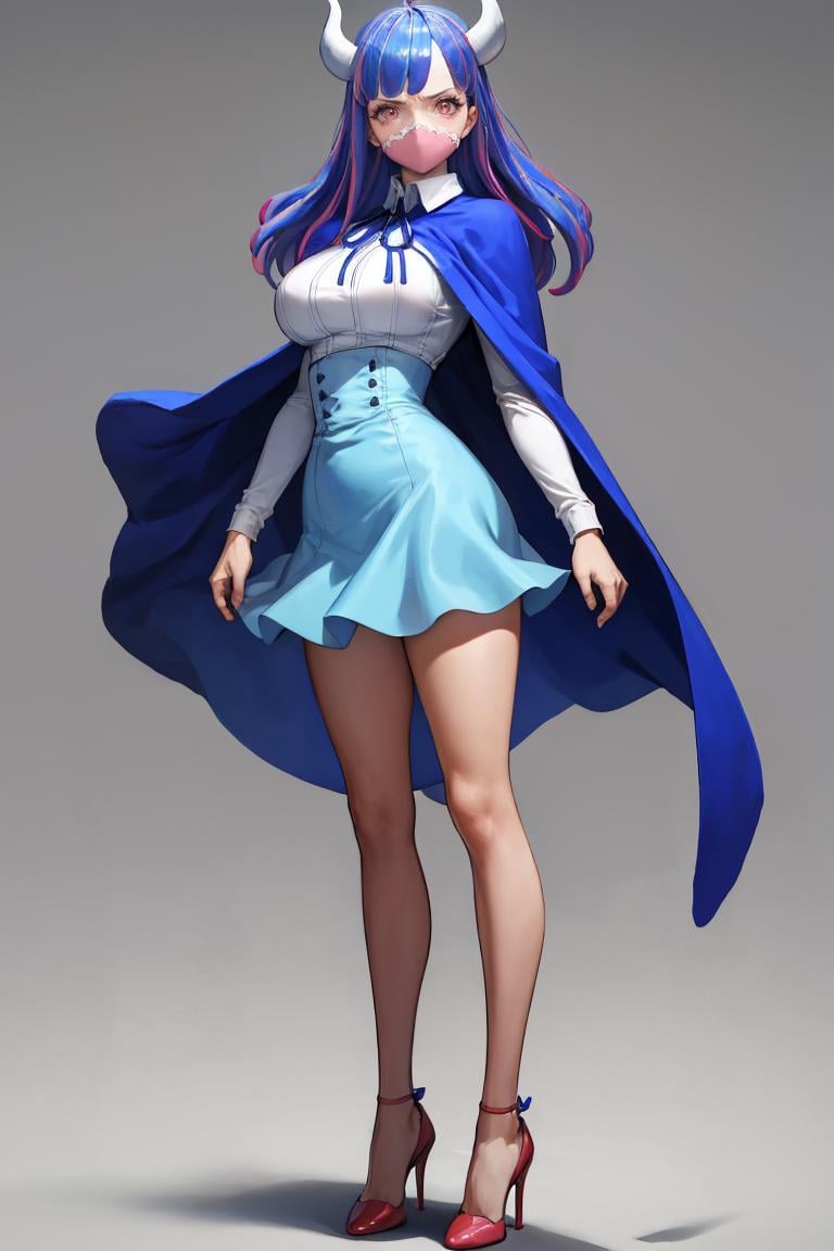 masterpiece, best quality, absurdres, UltiOP, mask, long hair, collared shirt, neck ribbon, blue skirt, blue cape, red high heels, standing, full body, <lora:UltiOP:1>