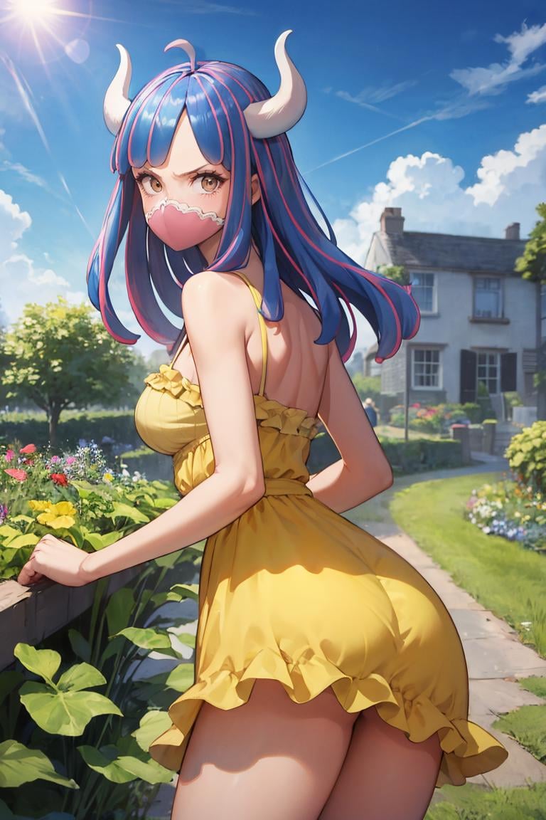 masterpiece, best quality, absurdres, UltiOP, mask, long hair, from behind, (yellow sundress), garden, day, sunshine, looking back, <lora:UltiOP:1>